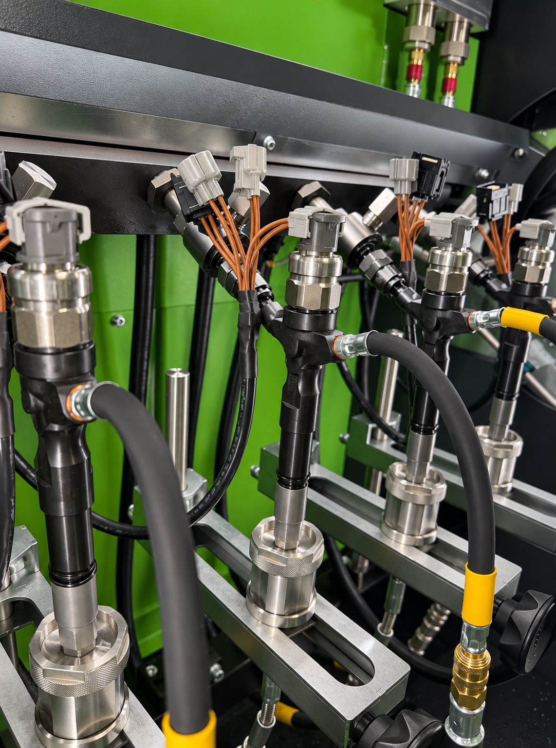 Common rail diesel injectors on the test bench in the Simms Auckland workshop