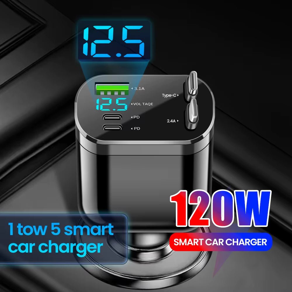 120W Car Charger Retractable 5 in 1 Fast Charging PD QC3.0 Car Charger Withtype C Fast Charging Cable Cigarette Lighter Adaper