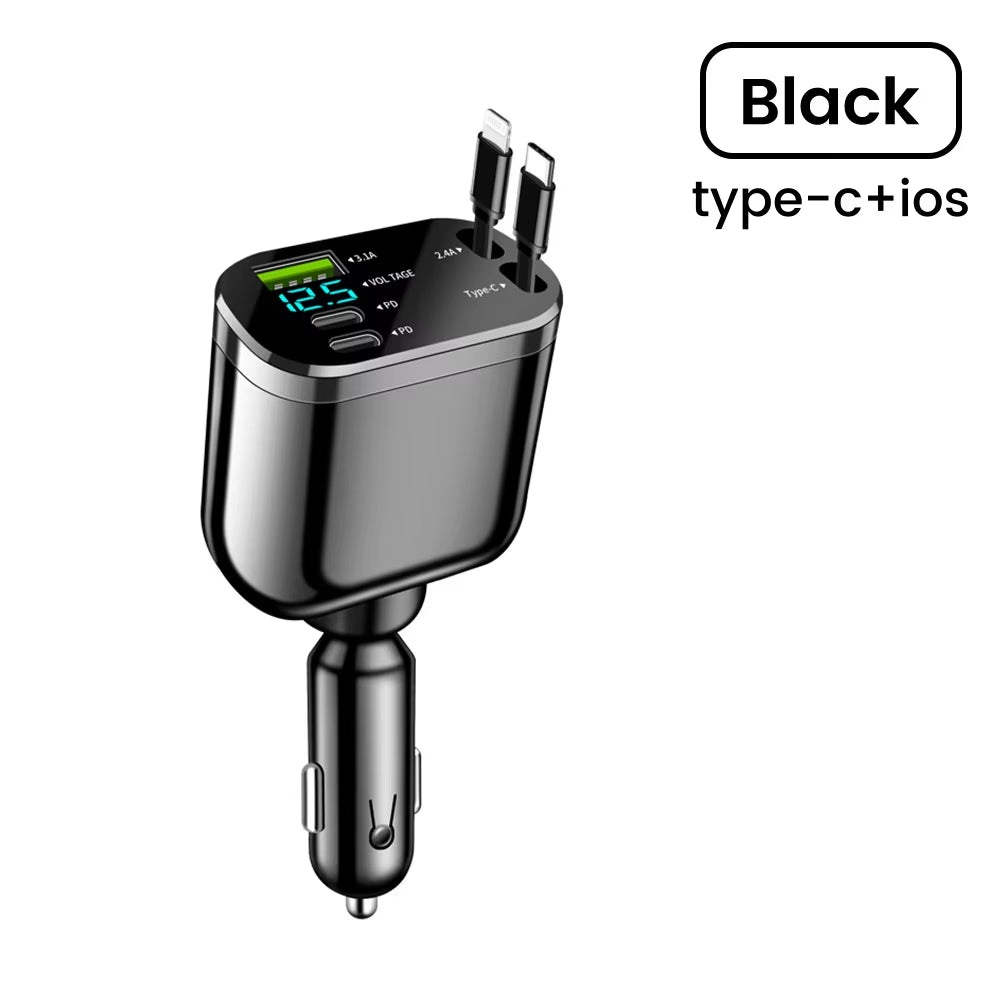 120W Car Charger Retractable 5 in 1 Fast Charging PD QC3.0 Car Charger Withtype C Fast Charging Cable Cigarette Lighter Adaper