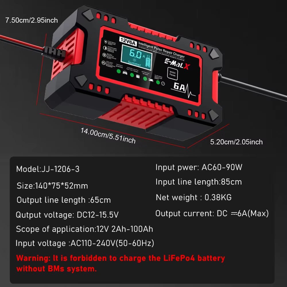 12V 6A Storage Batteries Chargers Intelligent Pulse Repair Digital Display for AGM GEL Lead Acid Battery Charging Car Chargers