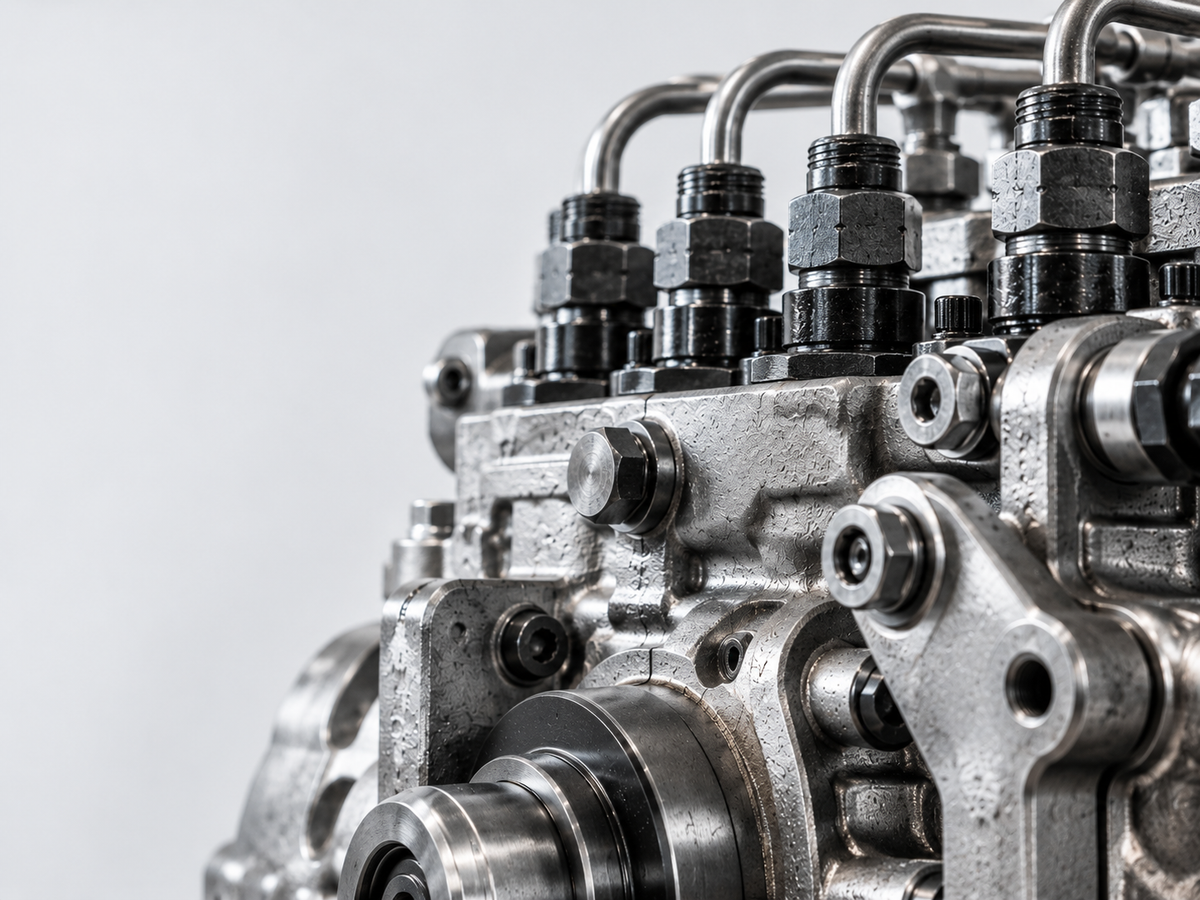 Close-up of a diesel injection pump with steel fuel lines