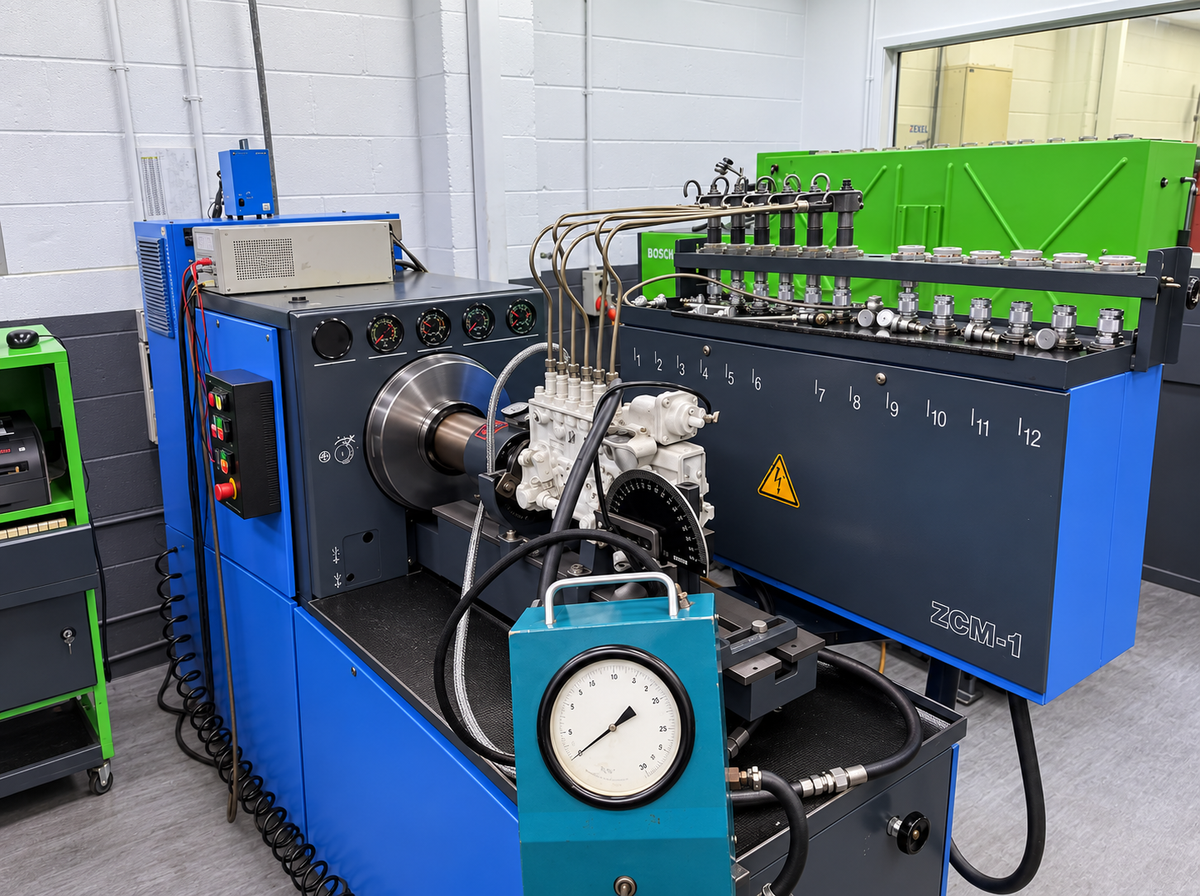 Diesel pump on the test bench in the Simms Auckland workshop